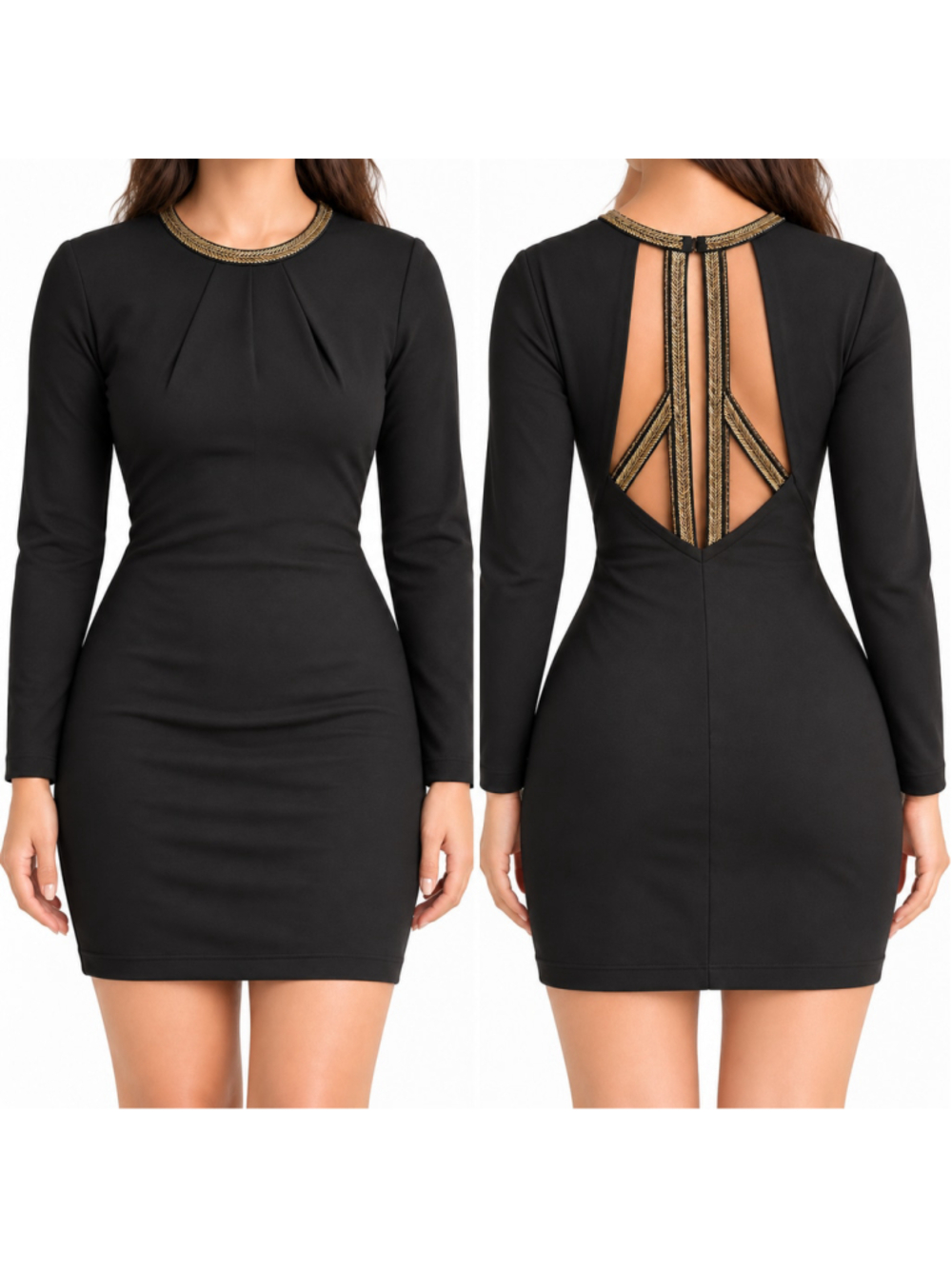 H&M Black Bodycon Mini Dress Long Sleeve Gold Beaded Open Back Cutout SIZE 10